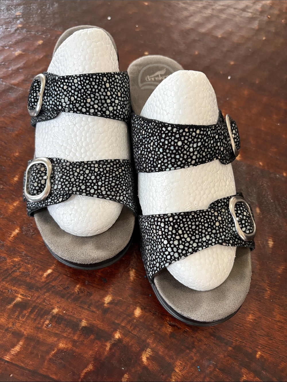 Dansko Black and White Double Buckle Slide Sandals